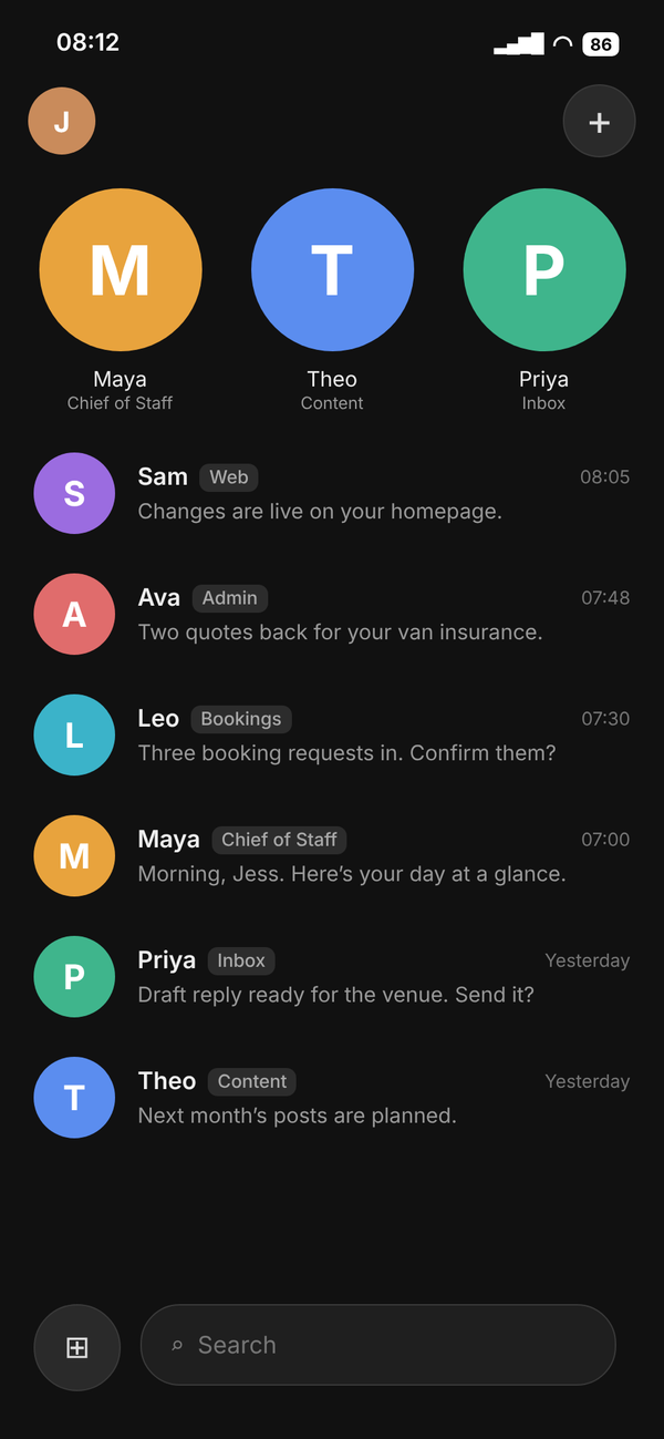 Chat app home screen listing roles: Chief of Staff, Content, Inbox, Web, Admin, Bookings