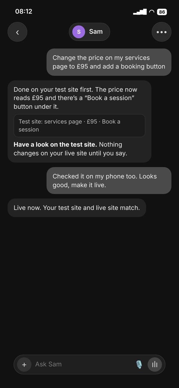 Web chat: a services page price change shown on a preview before going live