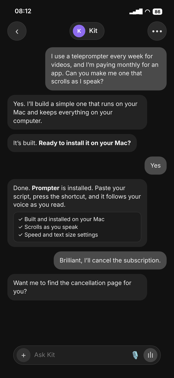 Chat about building a simple teleprompter app, installed on a Mac
