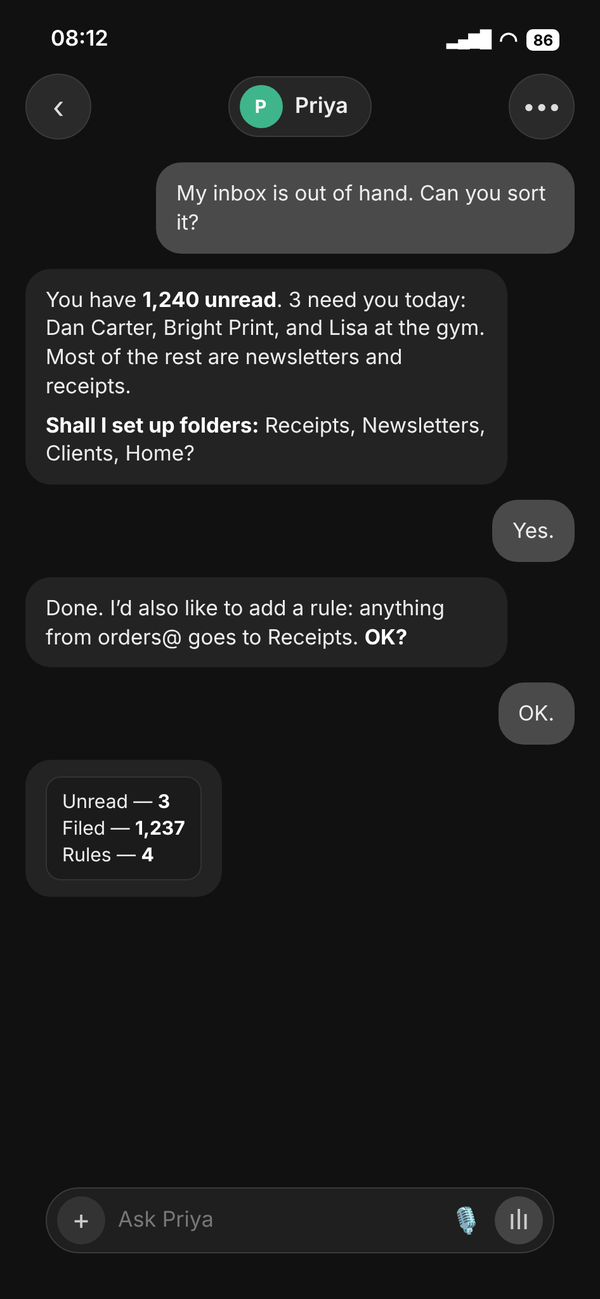 Inbox chat: a crowded inbox sorted into folders with rules, each step approved