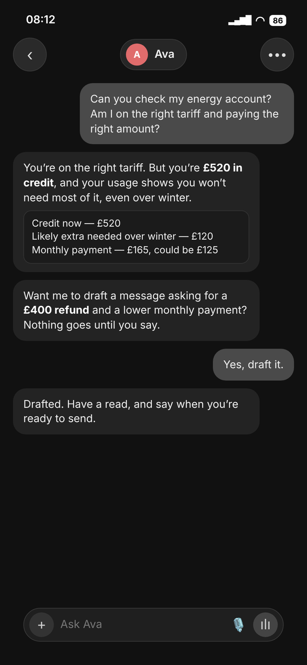 Admin chat: energy account checked, excess credit found and a refund requested